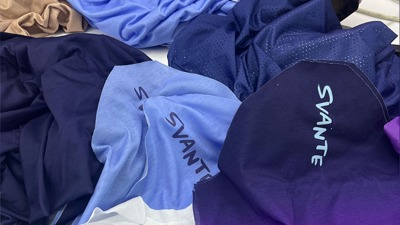 Collage of blue and purple fabric with 'SVANTE' branding.