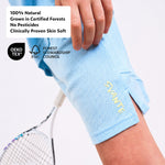 Boys light blue plastic free sports shorts with 'Svante' branding, worn by a boy, on a white background.