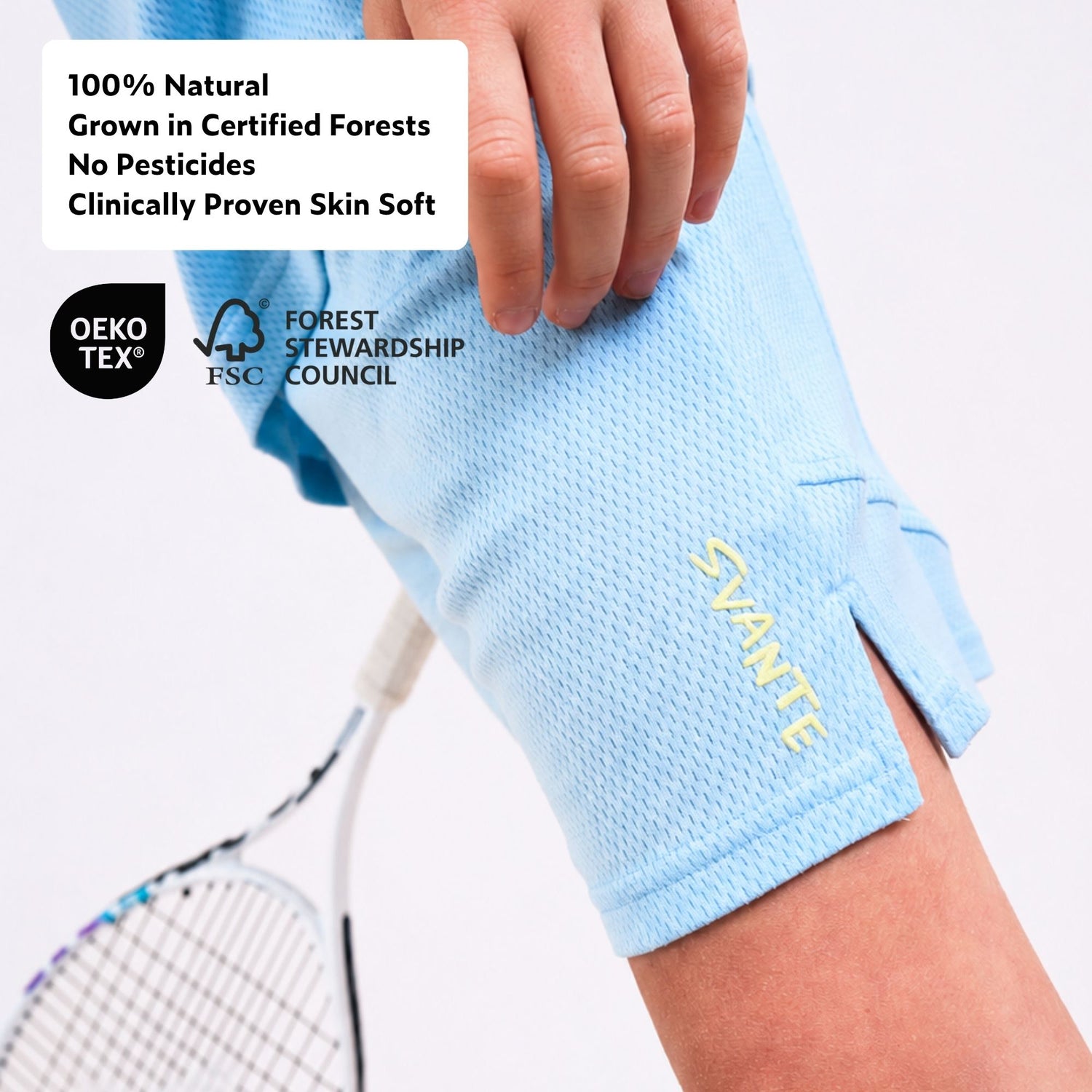 Boys light blue plastic free sports shorts with 'Svante' branding, worn by a boy, on a white background.