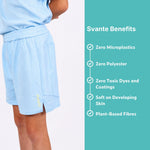 Light blue polyester free sports shorts worn by a boy with 'Svante Benefits' text on the right side.
