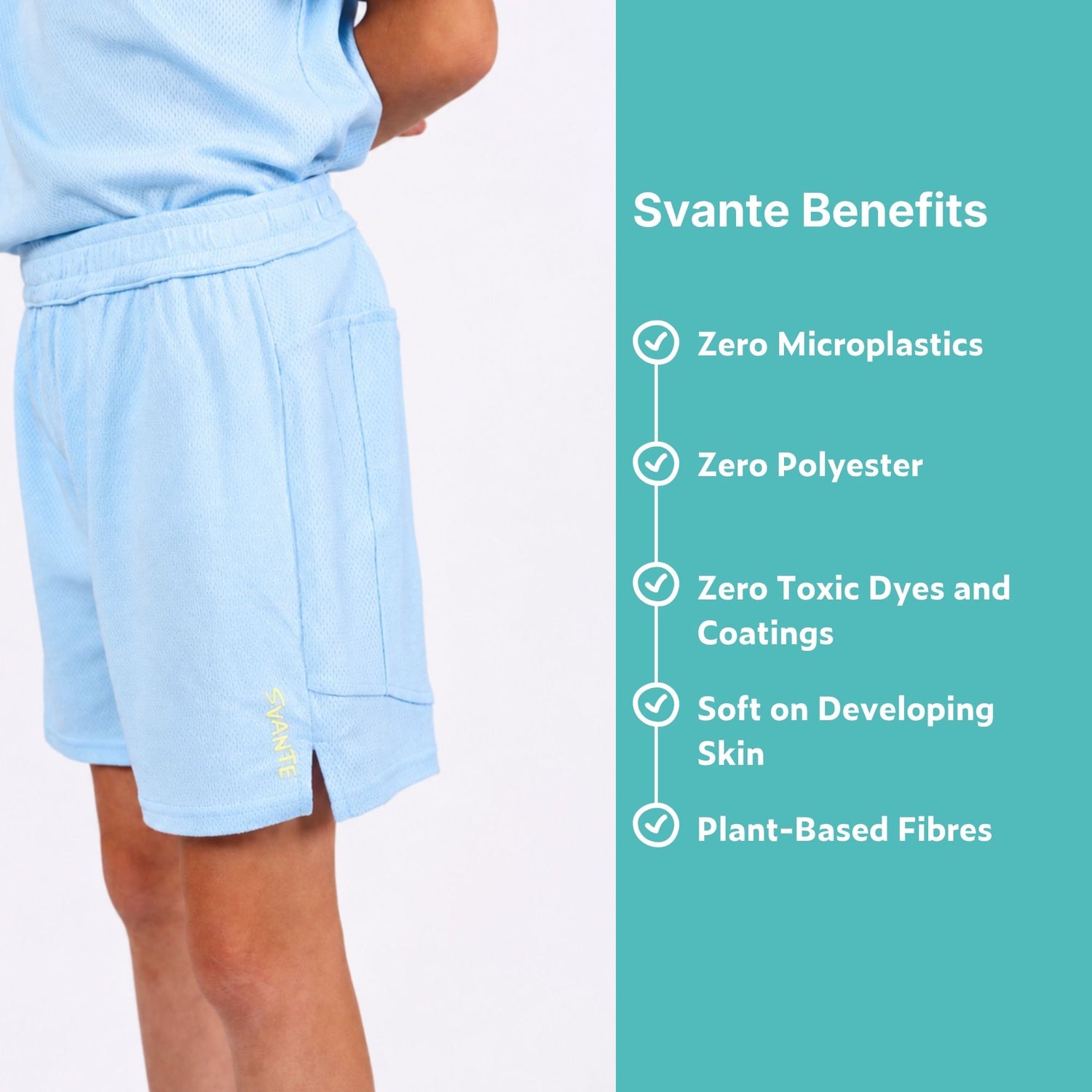 Light blue polyester free sports shorts worn by a boy with 'Svante Benefits' text on the right side.