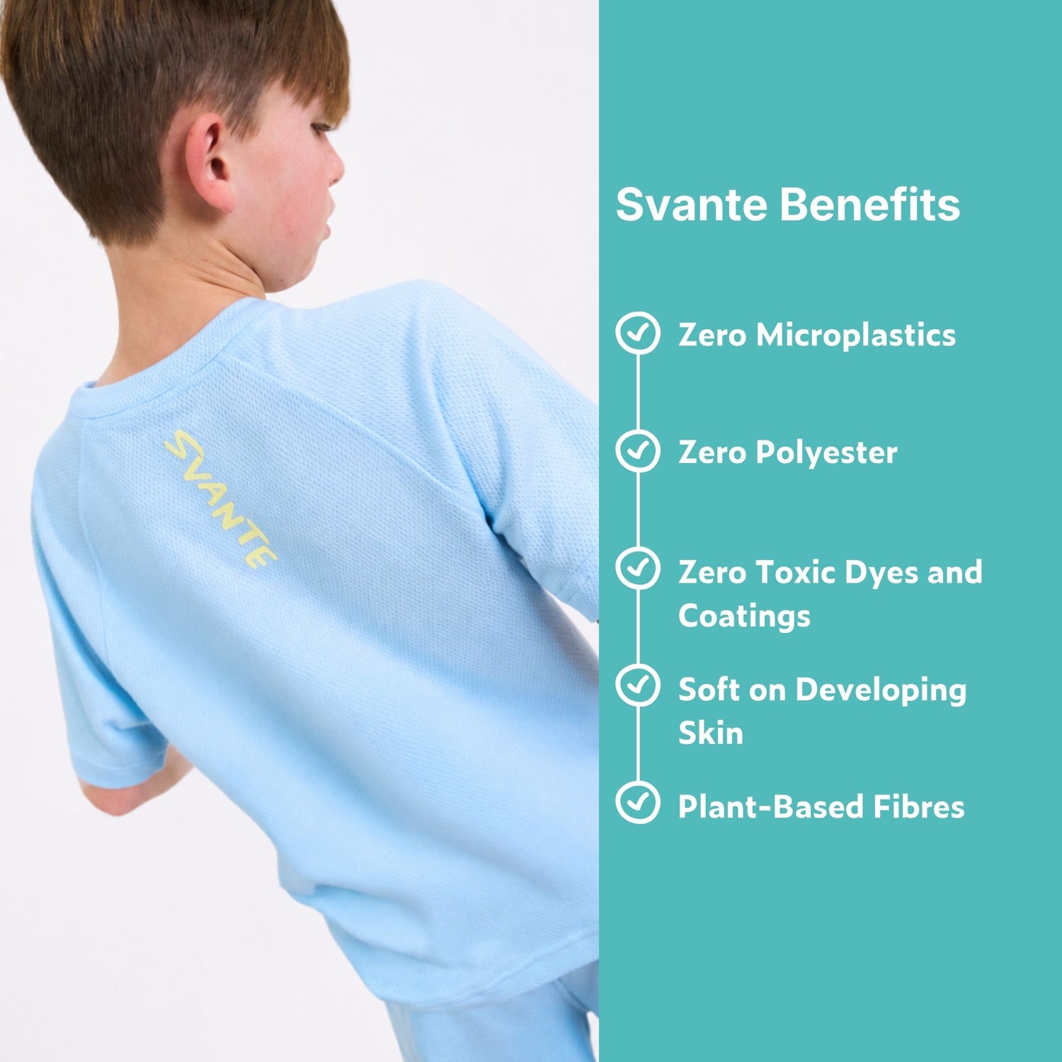 Boy wearing a light blue polyester free sports shirt with 'Svante' branding, featuring benefits on the right.