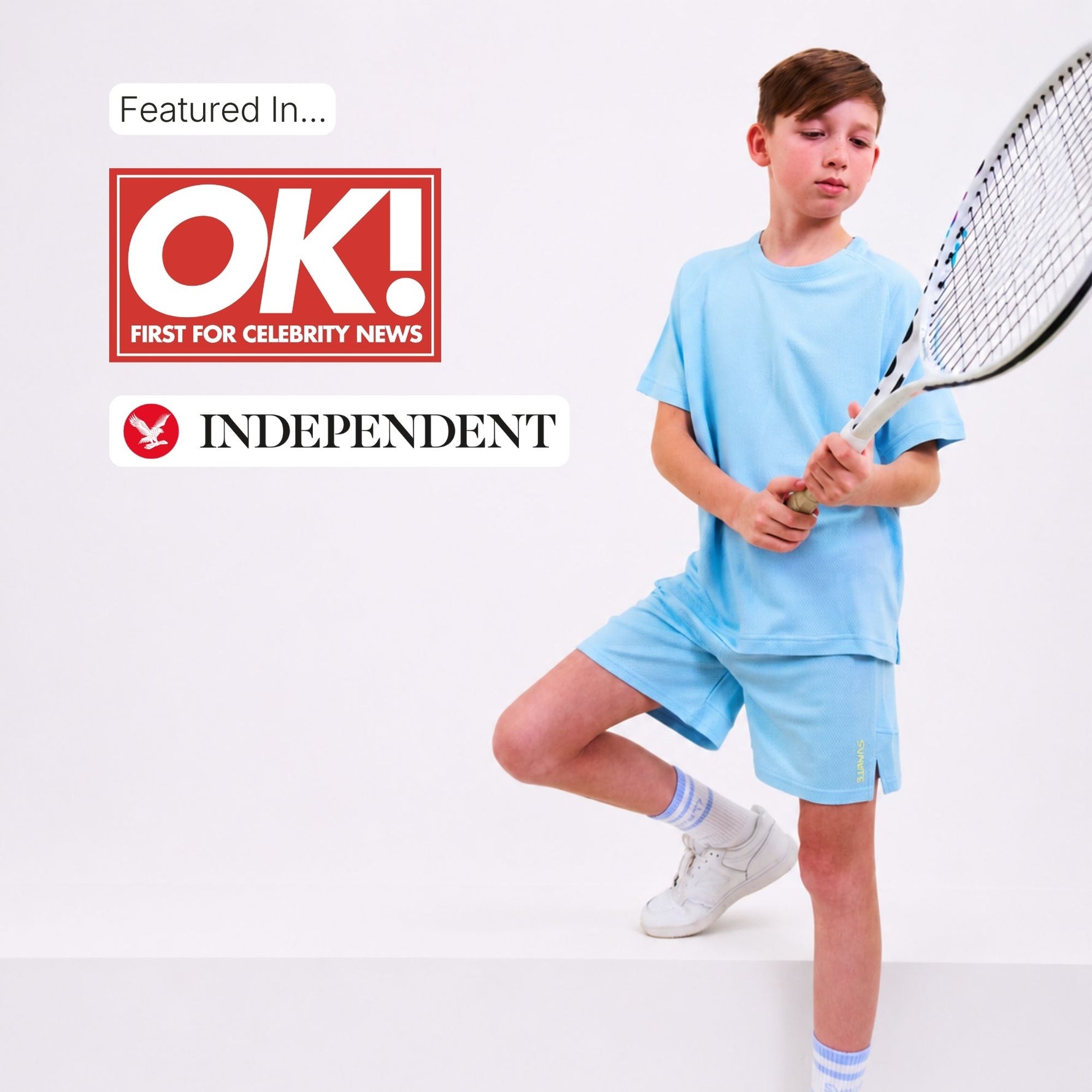 Boy in light blue plastic free sports shorts and T-shirt outfit holding a tennis racket with OK! and Independent logos above