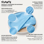 Meshflex Natural material engineering specification with blue fabric and text highlighting features like zero microplastics and clinical proven kindness to skin.