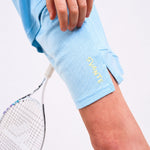 Boys Light blue polyester free sports shorts support with 'Svante' branding on a white background
