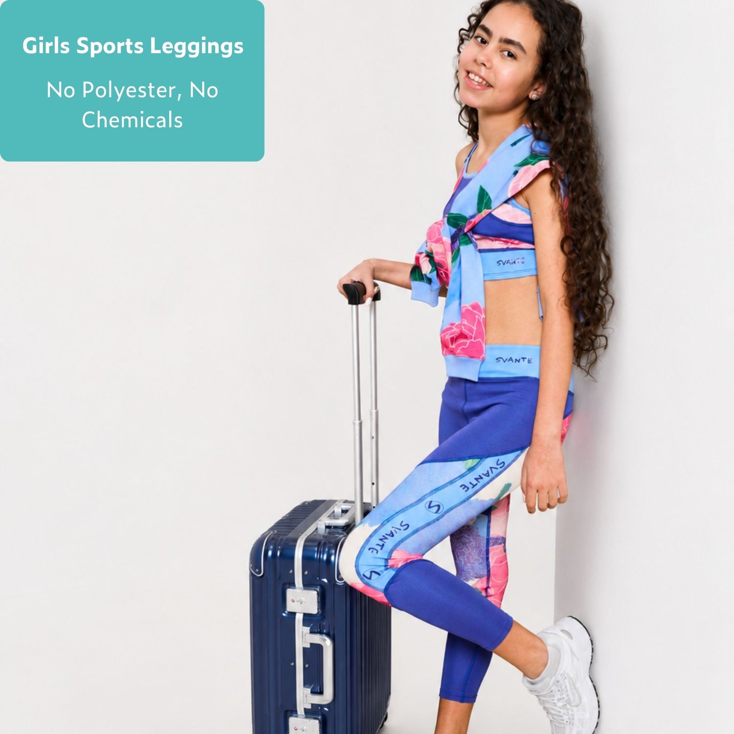 Girls Blue Floral Plantech™ Sports Leggings | Plant Based
