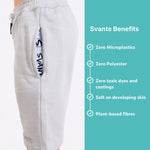 Organic cotton grey jersey shorts with 'Svante' branding on a white background, featuring the brand's benefits on the right. 