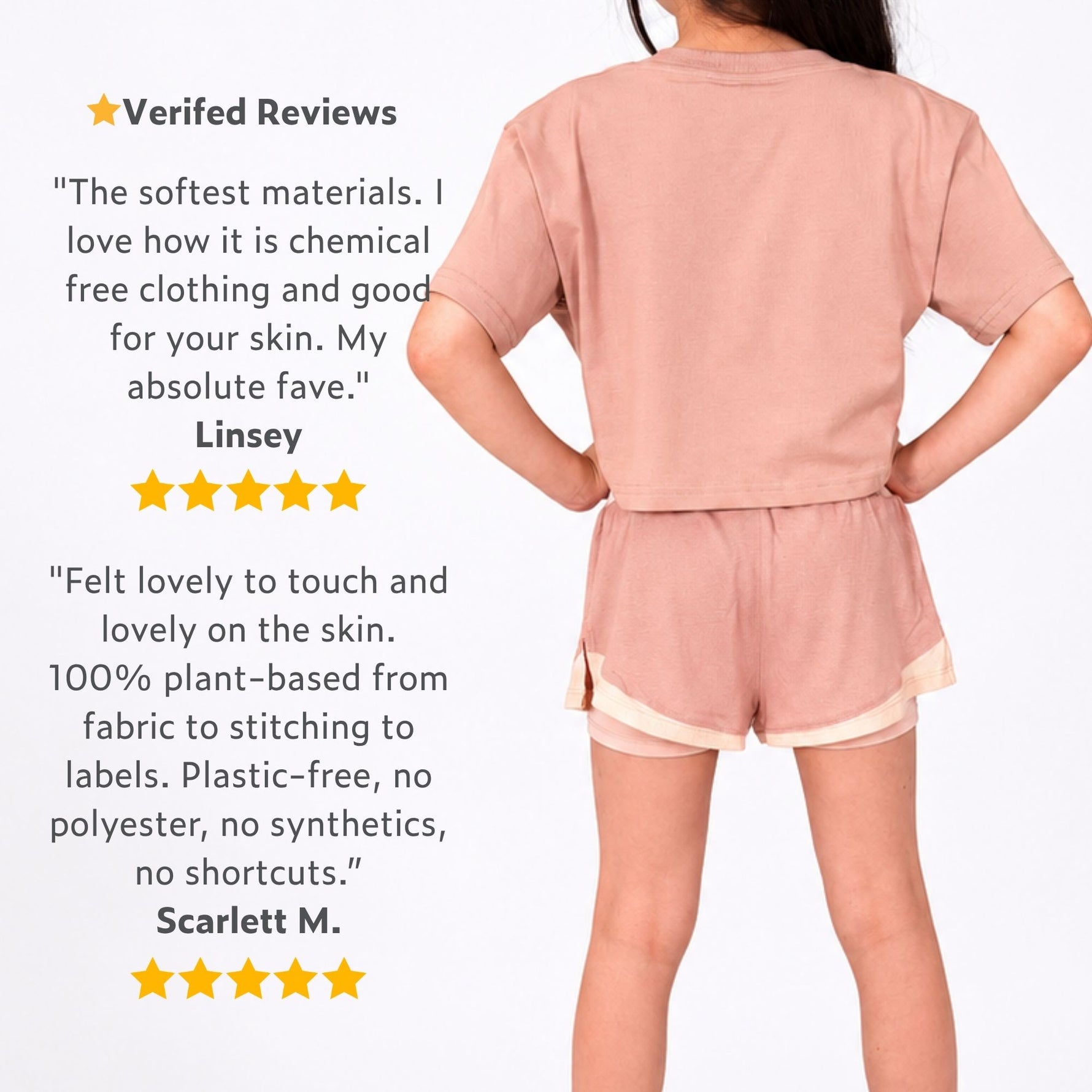 Girl wearing a pink organic cotton crop t-shirt and pink polyester free sports shorts outfit with text about soft materials and chemical-free clothing. 