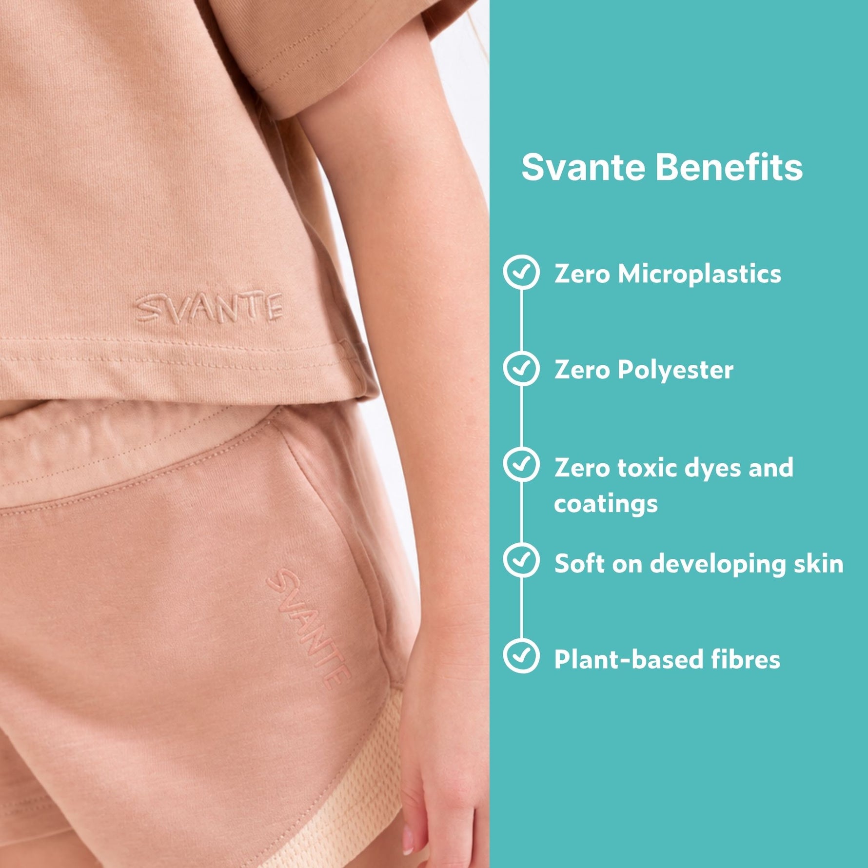 Girl wearing pink organic cotton crop t-shirt with 'Svante' branding, featuring benefits listed on a teal sidebar. 