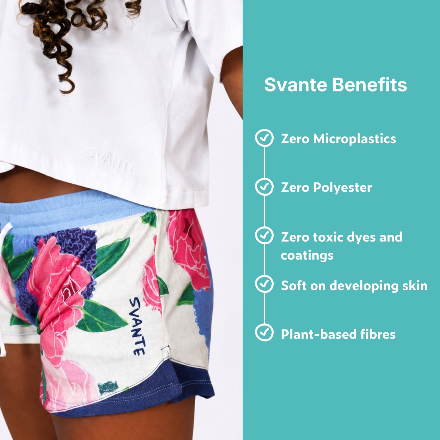 Girl wearing a white organic cotton crop t-shirts and blue shorts with 'Svante' branding, featuring the brand's benefits on a teal background. 