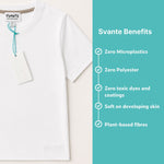 White organic cotton t-shirt with Svante branding and benefits listed on a teal background. 