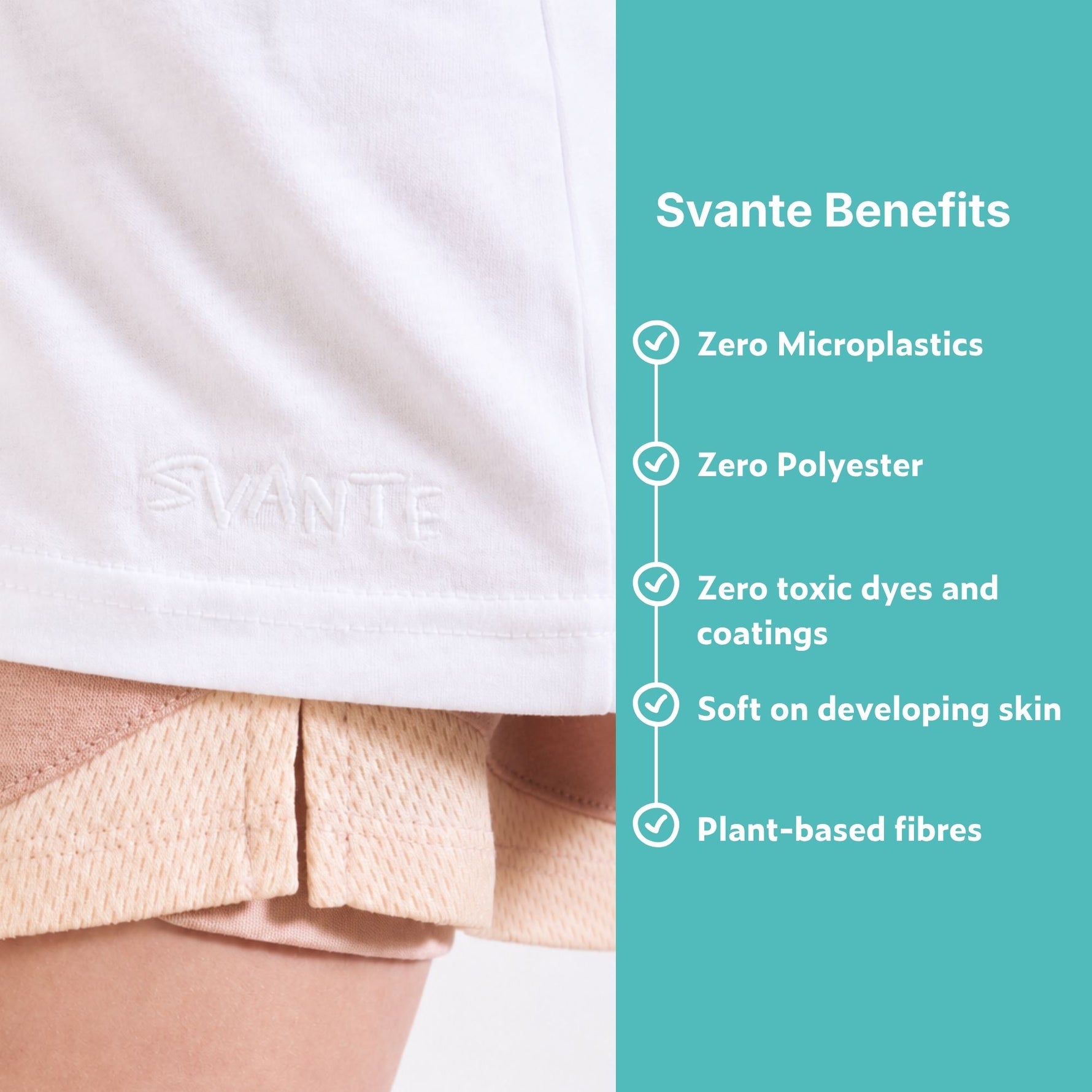 White organic cotton t shirt with 'Svante' branding and text listing benefits on a teal background. 