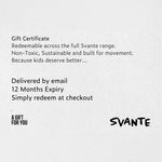 Gift certificate for Svante products with text instructions and branding.