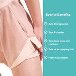 Pink natural material sports shorts with 'Svante' branding on a white background, featuring text about product benefits. 